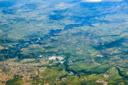 Top view aerial photo of settlements and fieldsの写真素材