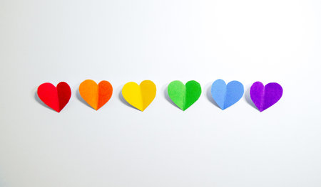 A Row of hearts with the colors of the lgbt gay flag.の写真素材