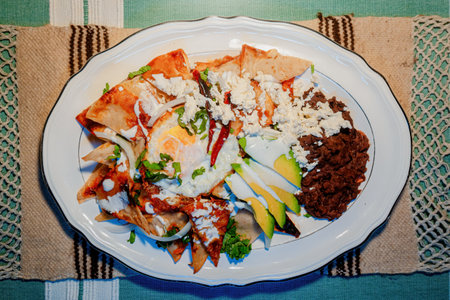 A chilaquiles Mexican food with in red sauce, cheese, cream and chili peppers on vintage backgroundの写真素材