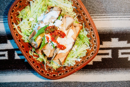 A Mexican flautas with lettuce, avocado, cream, sauce and fresh waterの写真素材