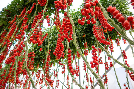 A beautiful red ripe cherry tomatoes grown in a greenhouseの写真素材
