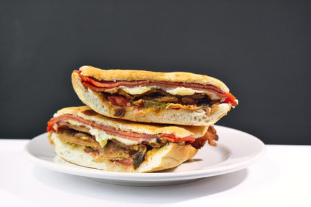 A Mexican Torta Caprichosa Grande with Milanese pork, leg ham and cheeseの写真素材