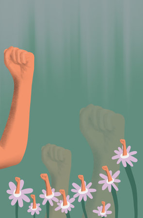 Human hands raised up on the background of flowers. Vector illustration.の写真素材
