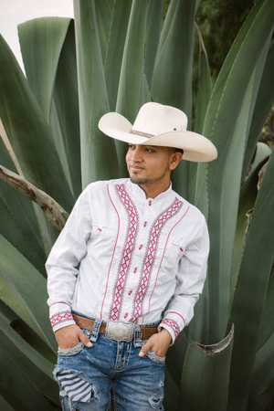 A Mexican cowboy, agave plants, nature beauty, sunglasses, toddler, captivating landscape