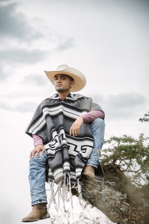 A cowboy wearing a poncho sitting under a tree in the skyの写真素材