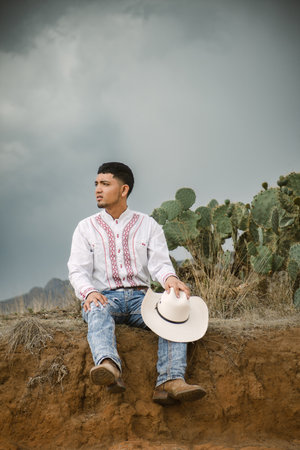A Mexican cowboy, agave plants, nature beauty, sunglasses, toddler, captivating landscapeの写真素材