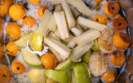 A Fruit punch, Mexican drink made from cane, tejocote apple, tamarind and other fruits