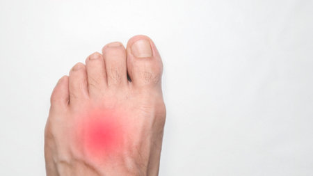 An Instep of a person left foot with a red mark representing pain, with space on the right for text