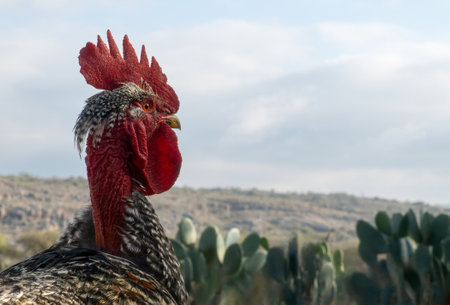 A Farm Piroco rooster with bare neck and space for textの写真素材