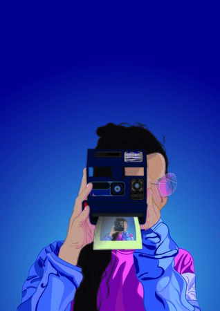 Illustration of white girl with brown hair taking a insta shot of herself with a vintage camera, dressed in colorful clothes and pink sunglasses on a blue gradient background.の写真素材