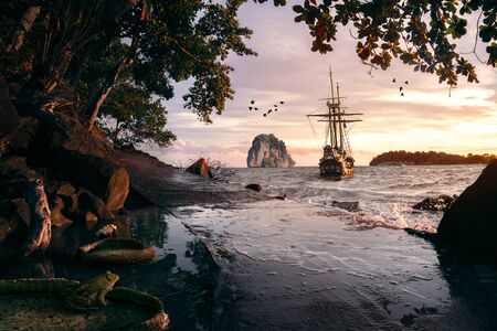Pirate ship sailing away from the coast while a frog is watching it in Koh Rong, Cambodiaの写真素材