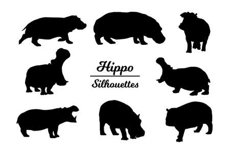 Hippopotamus animal silhouettes. Black and white outline. Hippopotamusのイラスト素材