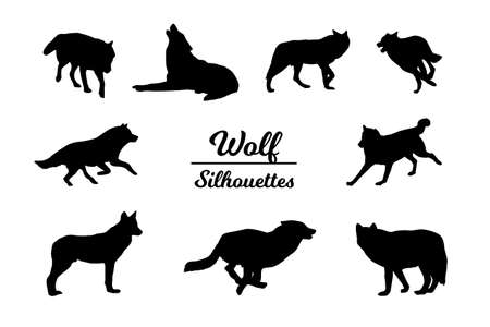Wolf animal silhouettes. Black and white outline.のイラスト素材