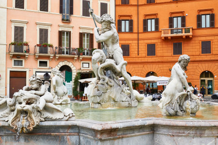 Italy, Lazio, Rome, Navona Square, Piazza Navona, Neptune Fountain by Berniniのeditorial素材