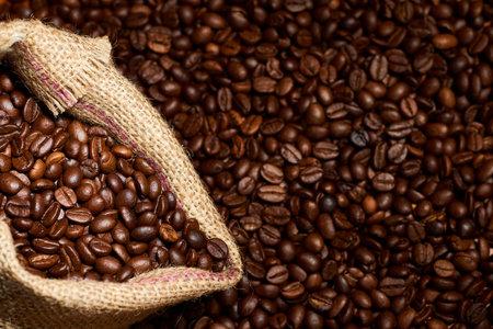 Studio Shot of White Cup of Coffee and Burlap Bag with Coffee over coffee beans