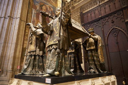 Seville, Andalusia, Spain, Europe. Tomb of Christopher Columbus, 1891. Sculptor: Arturo Melida.Cathedral of Seville. Spain.のeditorial素材
