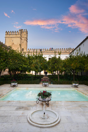 Pool in the gardens of Alcazar de los Reyes Cristianos, Fortress of the Christian Kings, Cordoba, Spain. Gardens of Alcazar de los Reyes Cristianos, Fortress of the Christian Kings, Cordoba, Spain.のeditorial素材