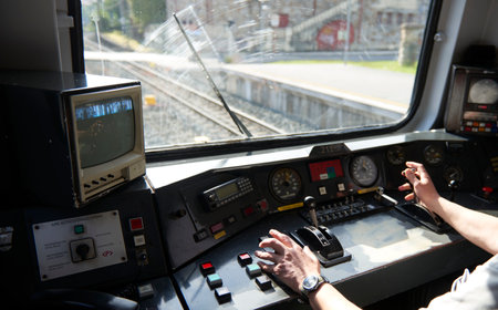 Interior view of the pilot hands and instrument panel cockpit of ancient trainのeditorial素材