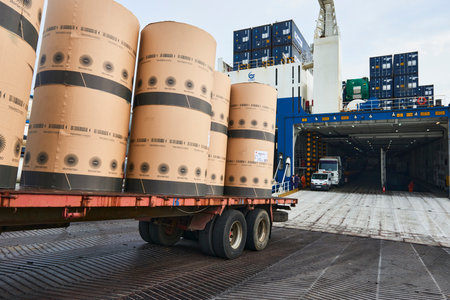 Lorry loading paper rolls to the vessel in the Port of Bilbao, Biscay, Basque Country, Euskadi, Spain, Europeのeditorial素材