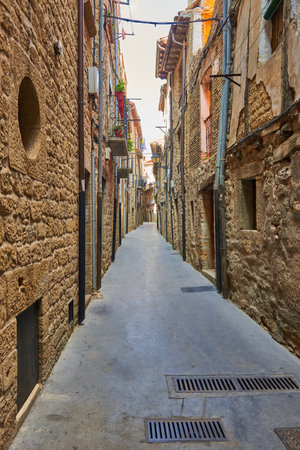 Narrow street of medieval town, La Guardia, Rioja Alavesa, Basque Country, Euskadi, Euskal Herria, Spain, Europeのeditorial素材