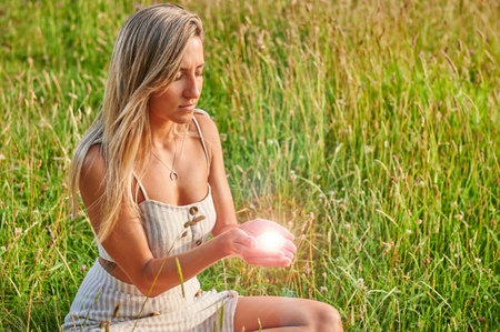 Blonde girl practicing meditation at dawn