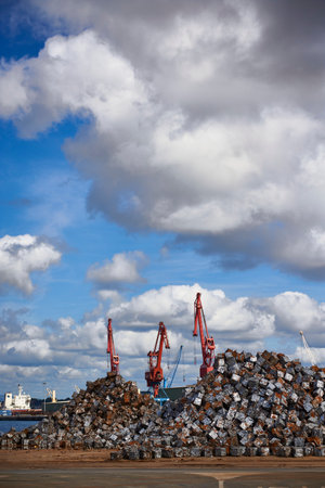 Cubes of Scrap metal in the Port of Bilbao, Santurce, Biscay, Basque Country, Euskadi, Spain, Europe,のeditorial素材