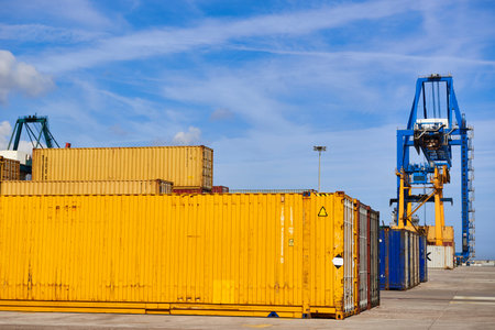 Terminal of containers in the Port of Bilbao, Biscay, Basque Country, Euskadi, Spain, Europe,のeditorial素材