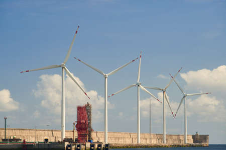 Wind turbines in the Port of Bilbao, Biscay, Basque Country, Euskadi, Spain, Europe,の写真素材
