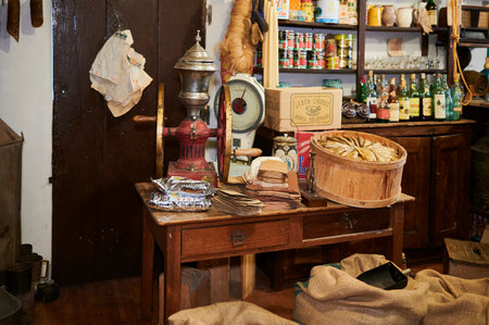 View of an old grocery store with herrings wood box and Chimbo soap boxのeditorial素材
