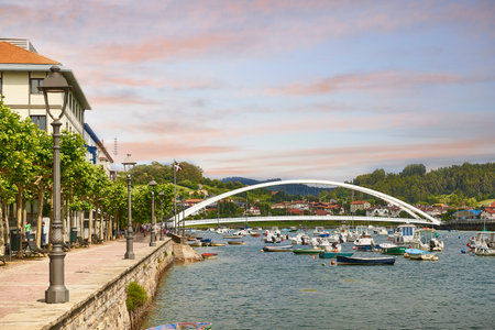 residential area, pedestrian bridge and small pleasure boats, Plencia, Biscay, Basque Country, Spainのeditorial素材