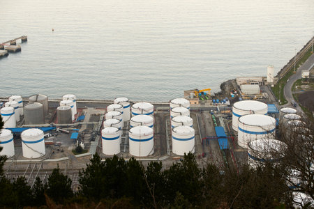 Aerial view of gas and gasoline tanks in the port of Bilbao, Zierbena, Biscay, Basque Country, Euskadi, Euskal Herria, Spain, Europeのeditorial素材