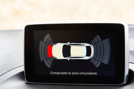 View of the screen with obstacle zones and sensor sectors in a modern car