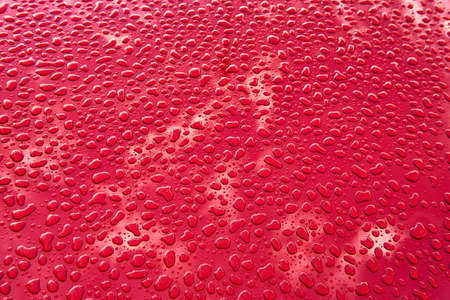 Water drops on red color backgroundの写真素材