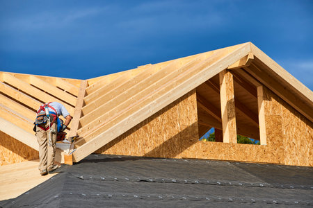 A worker building a passive house with woodのeditorial素材