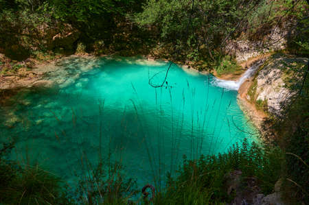 Turquoise waters in the Urederra river, Baquedano, Navarra, Spain, Europeの写真素材