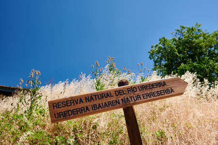Signal post of natural reserve Urederra, Baquedano, Navarra, Spain, Europeの写真素材