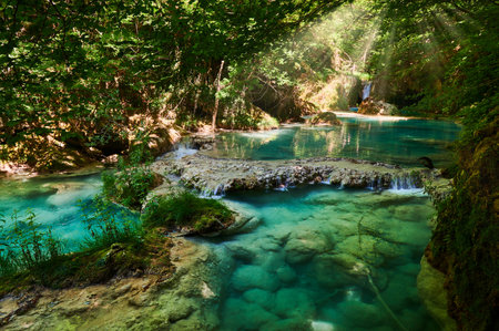 Turquoise waters in the Urederra river, Baquedano, Navarra, Spain, Europeの写真素材