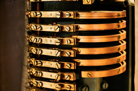Detail of old electrical contactors made up of copper plates
