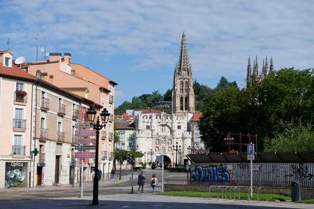 View of the arch of Santa Maria and Burgos Cathedral in the background, Spain, Europeのeditorial素材