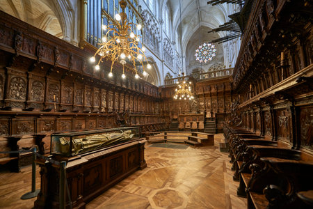 Carved choir with wooden parquet and seats in the Cathedral of Santa Maria de Burgosのeditorial素材
