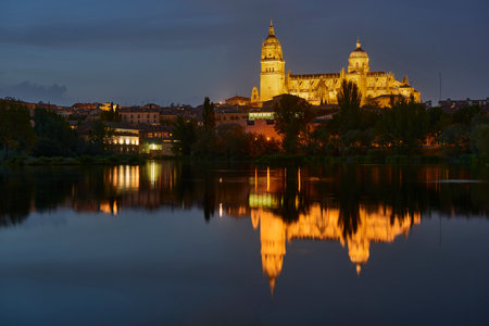 Cathedral of Salamanca at night view from the Tormes River, Salamanca City, Spain, Europe.のeditorial素材