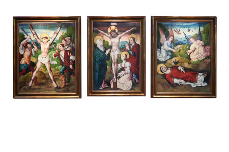 Altarpiece of Santa Casilda, Martyrdom of San Vicente in the eculeo Crucifixion and The corpse of San Vicente guarded by the raven, Burgos, Castilla y Leon, Spainのeditorial素材