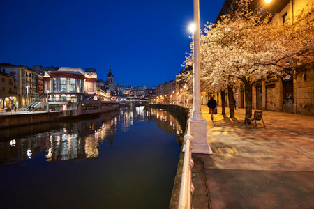 View of the Nervion river and the Rivera market at evening, Bilbao, Biscay, Basque Country, Euskadi, Euskal Herria, Spain, Europe.のeditorial素材