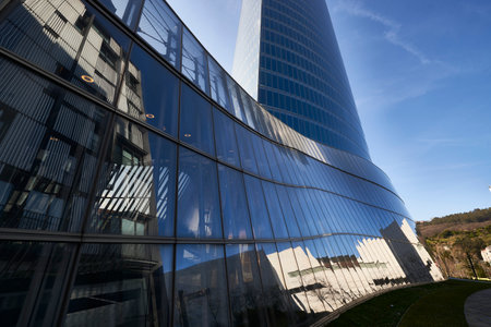 View of the modern buildings over blue sky, Bilbao, Bizkaia, Basque Country, Euskadi, Euskal Herria, Spain.のeditorial素材