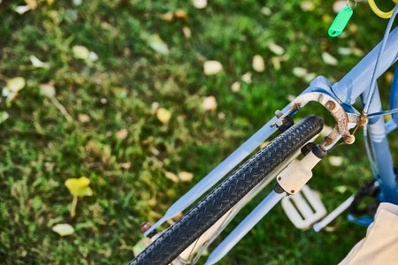 detail of front wheel and brake with dynamo of vintage bicycle on grass background.の写真素材