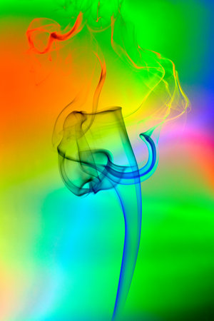 Smoke with geometric shapes photography on blue and orange backgroundの写真素材