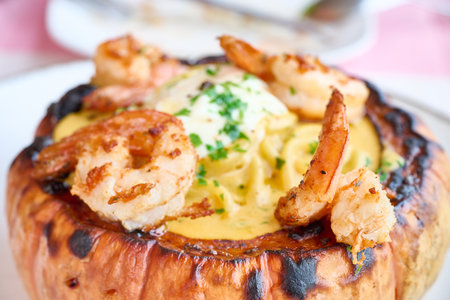 Delicious shrimp pasta with creamy sauce and herbs inside a roasted squash, creating a gourmet and appetizing mealの写真素材