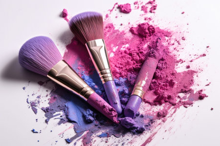 Abstract image of make up brush kit with smashed lipstick. Close up. AI generative.の素材