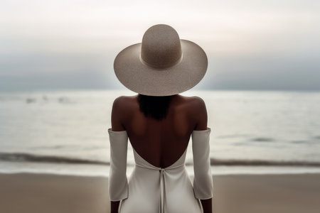 Portrait of a young woman with a hat at the beach. Natural light, horizontal image. Generative AI.の素材