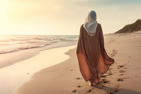 Woman wearing a hijab walking on the beach alone. Generative AI.の素材
